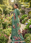 Sage Green Floral Printed Georgette Saree with Striped Blouse