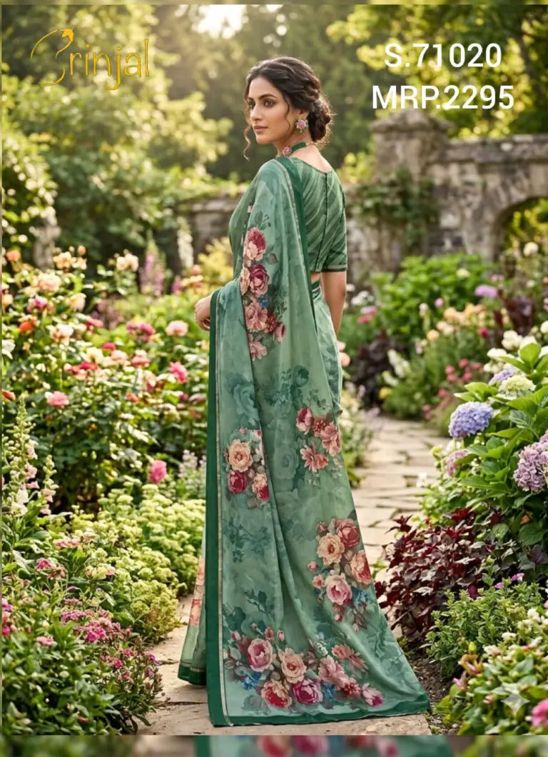 Sage Green Floral Printed Georgette Saree with Striped Blouse