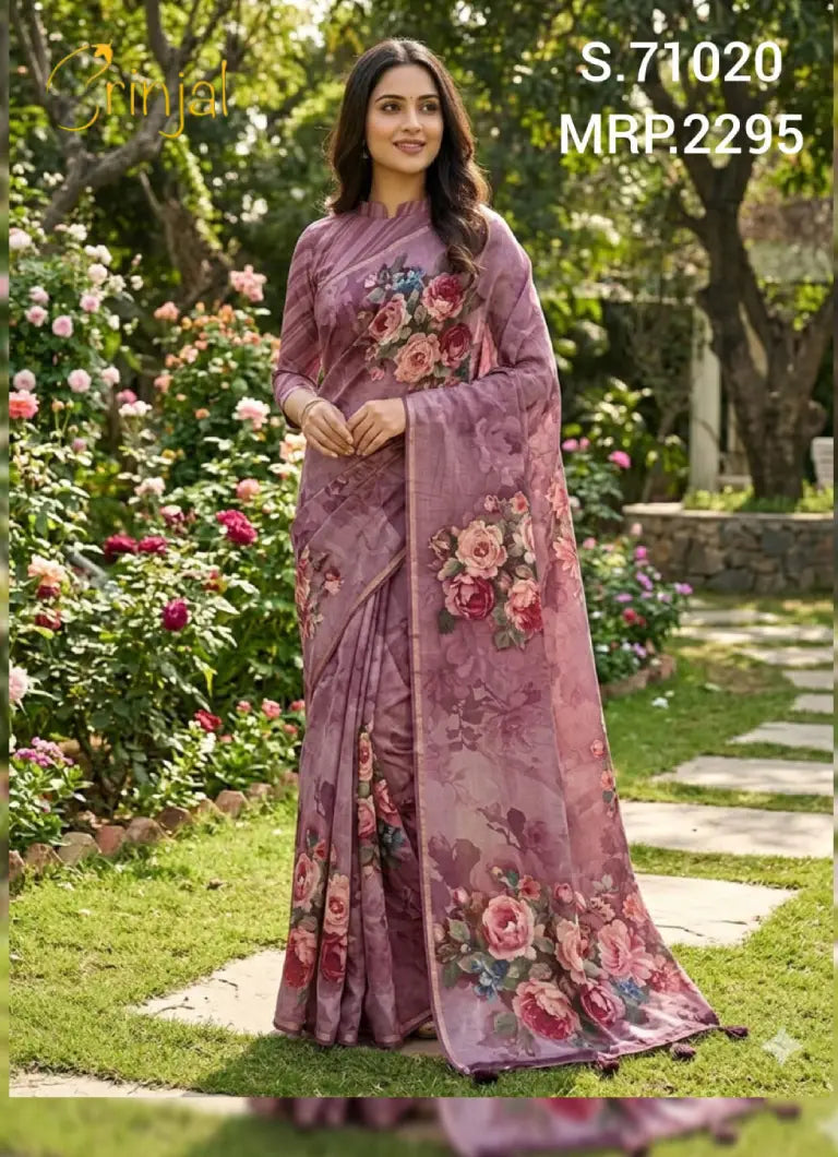 Mauve Floral Elegance Organza Weaving Saree