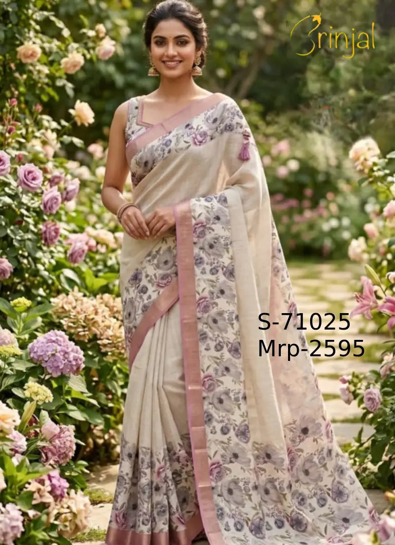 Elegant Ivory Floral Weaving Saree with Rose-Pink Border