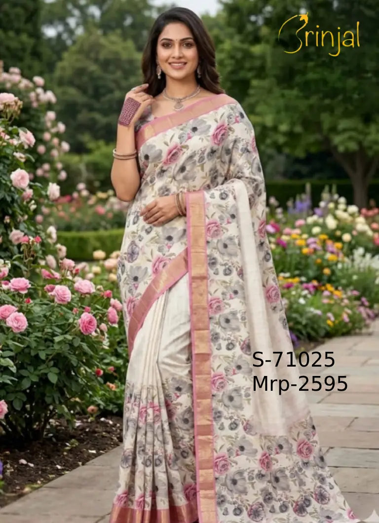 Ivory Blossom Floral Woven Saree with Zari Border