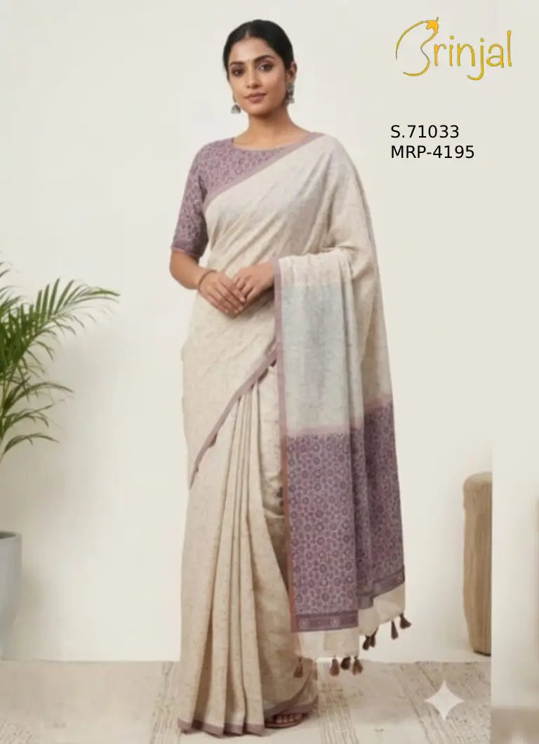 Elegant Ivory Handloom-Look Saree with Lavender Tassel Pallu
