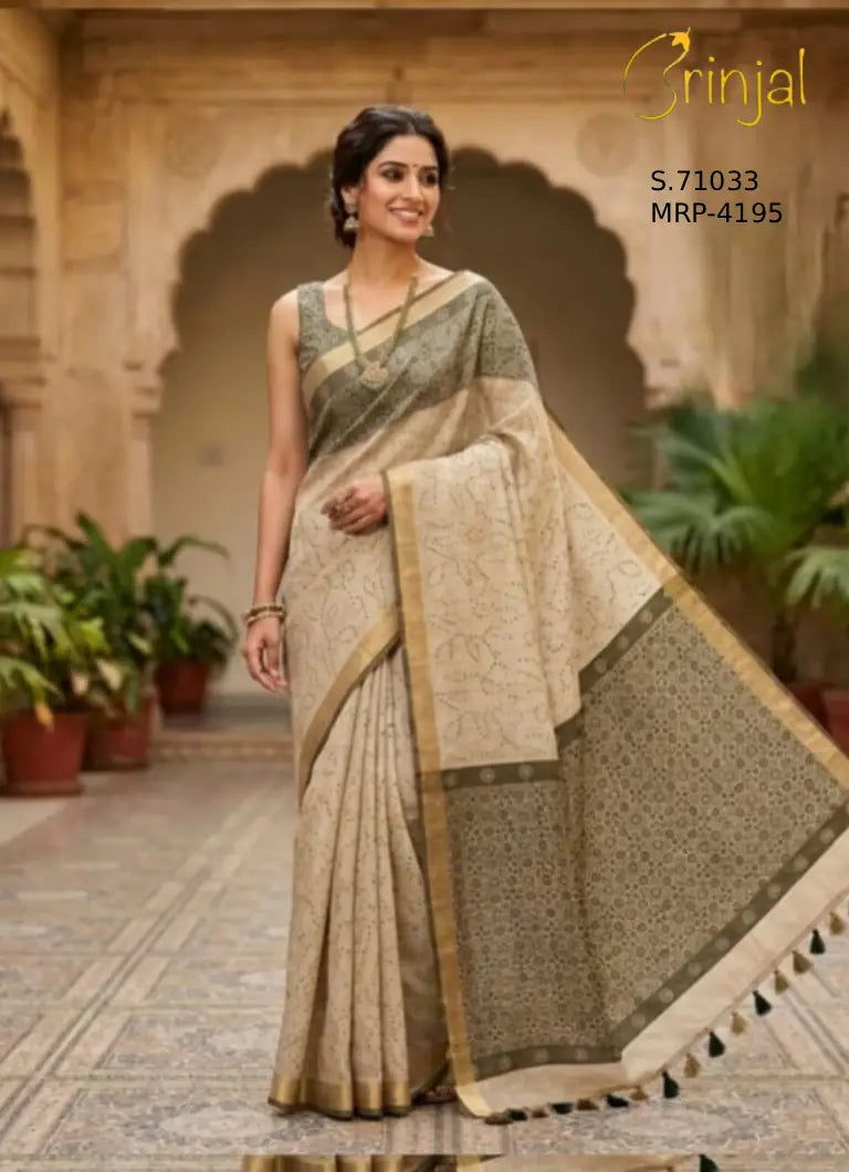 Elegant Floral Weaving Saree in Sage & Cream
