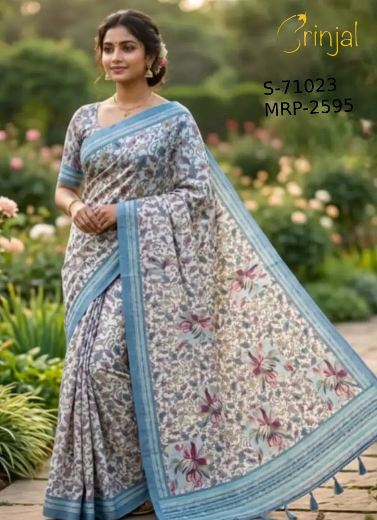 Ethereal Blossom Blue Weaving Floral Saree