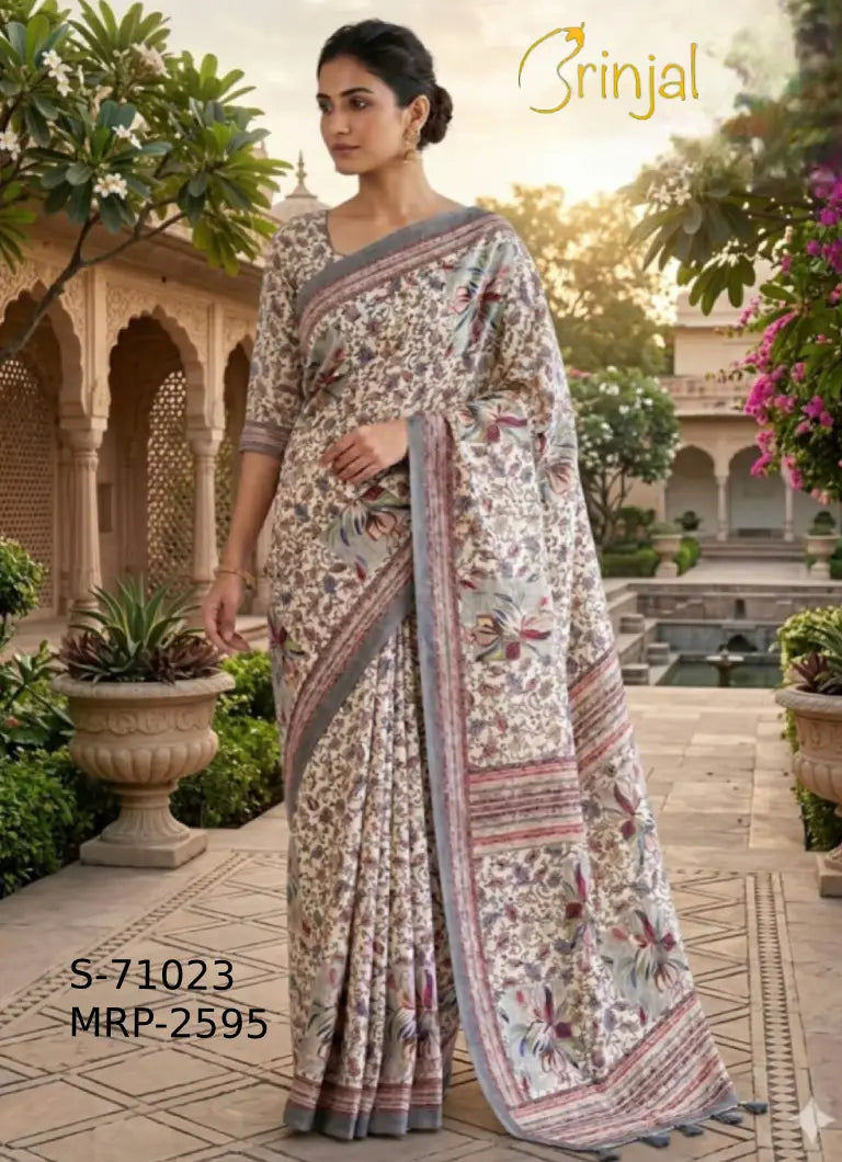 Elegant Floral Weaving Saree in Cream & Grey