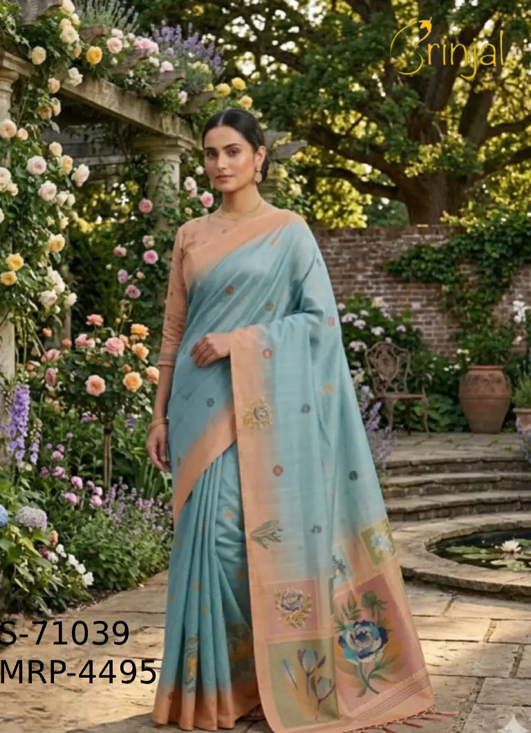 Sky Blue Soft Silk Weaving Floral Saree