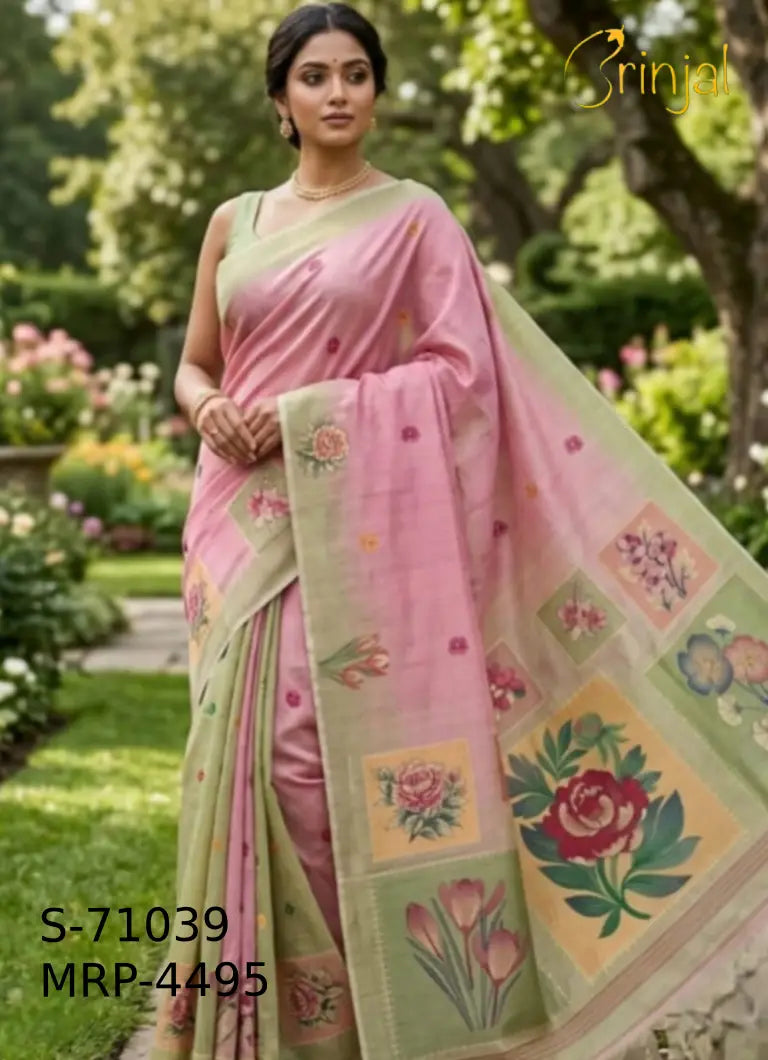 Pastel Pink Floral Woven Saree with Sage Green Border