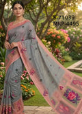 Grey Handloom Weaving Floral Saree with Peach Border