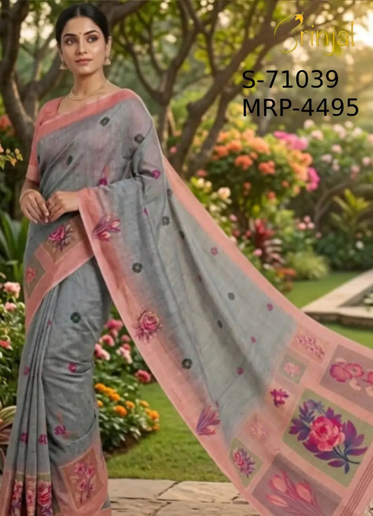 Grey Handloom Weaving Floral Saree with Peach Border