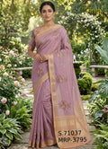 Lavender Floral Weaving Silk Saree with Zari Border