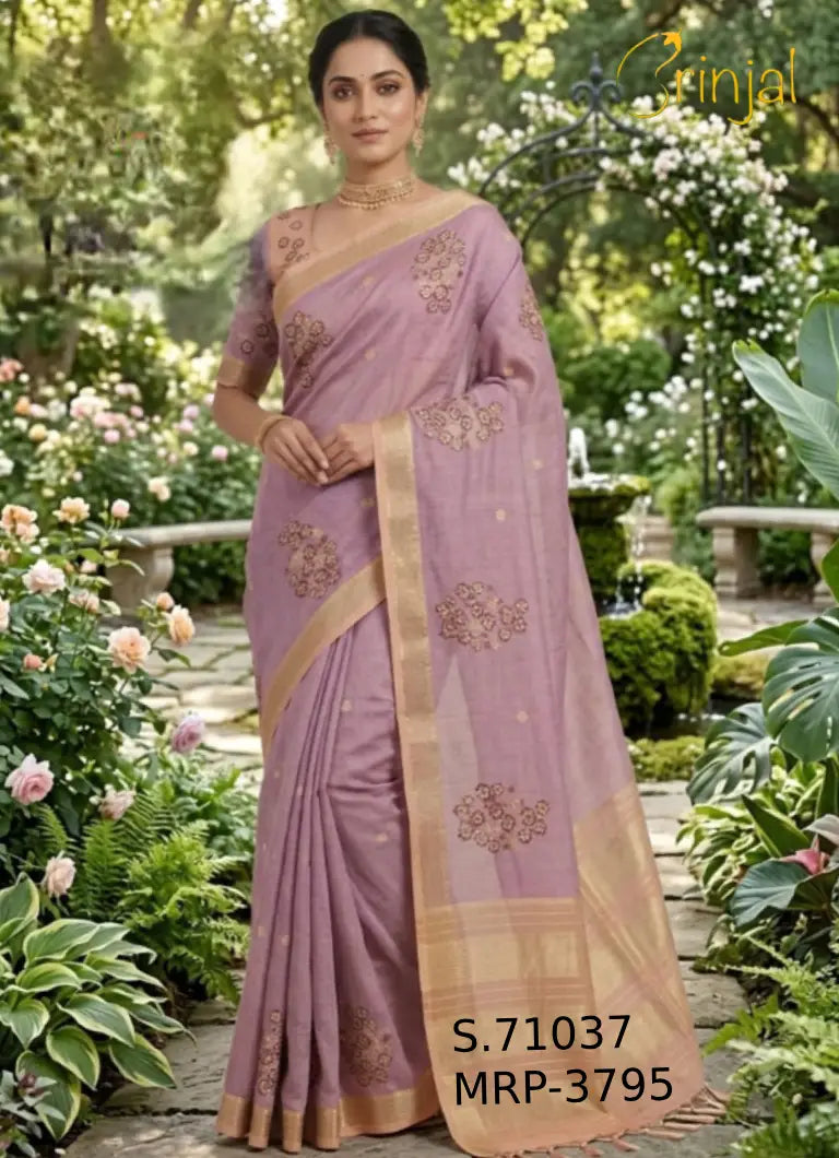 Lavender Floral Weaving Silk Saree with Zari Border