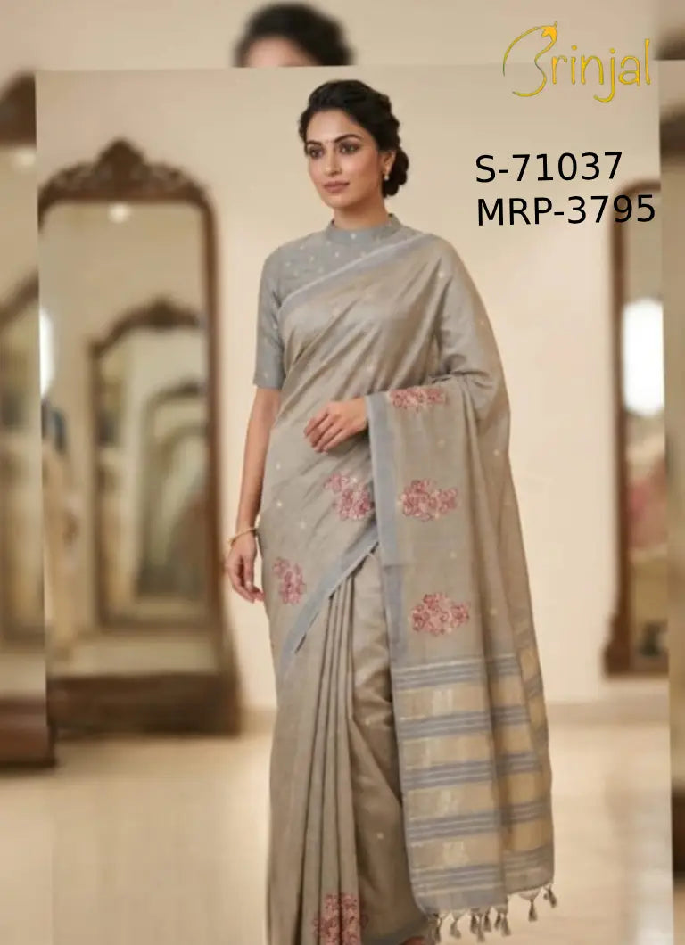 Elegant Pastel Gray Floral Weaving Saree