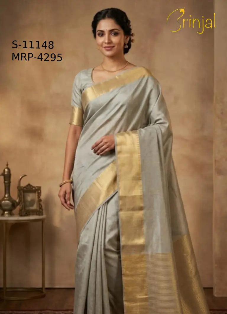 Silver-Grey Handwoven Floral Silk Saree with Golden Zari Border