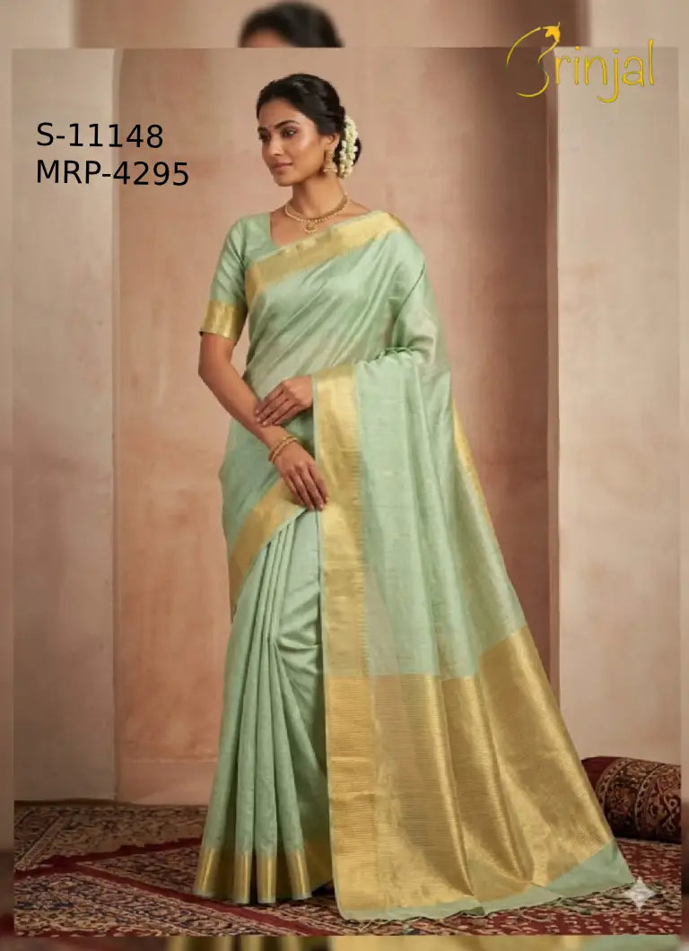 Elegant Sage Green Handloom Weaving Semi-Silk Saree with Zari Border