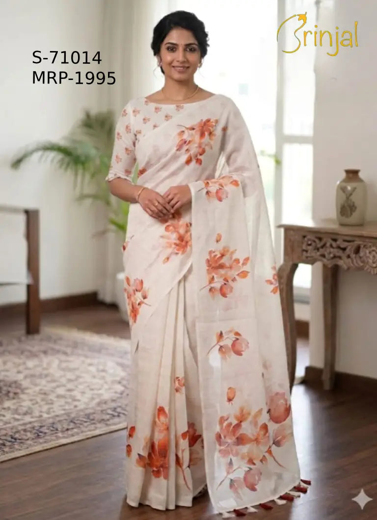 Ivory Floral Weaving Linen-Cotton Saree