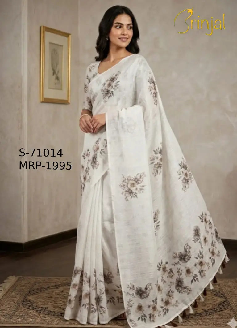 Premium Floral Weaving Linen Saree – Elegant Off-White & Grey