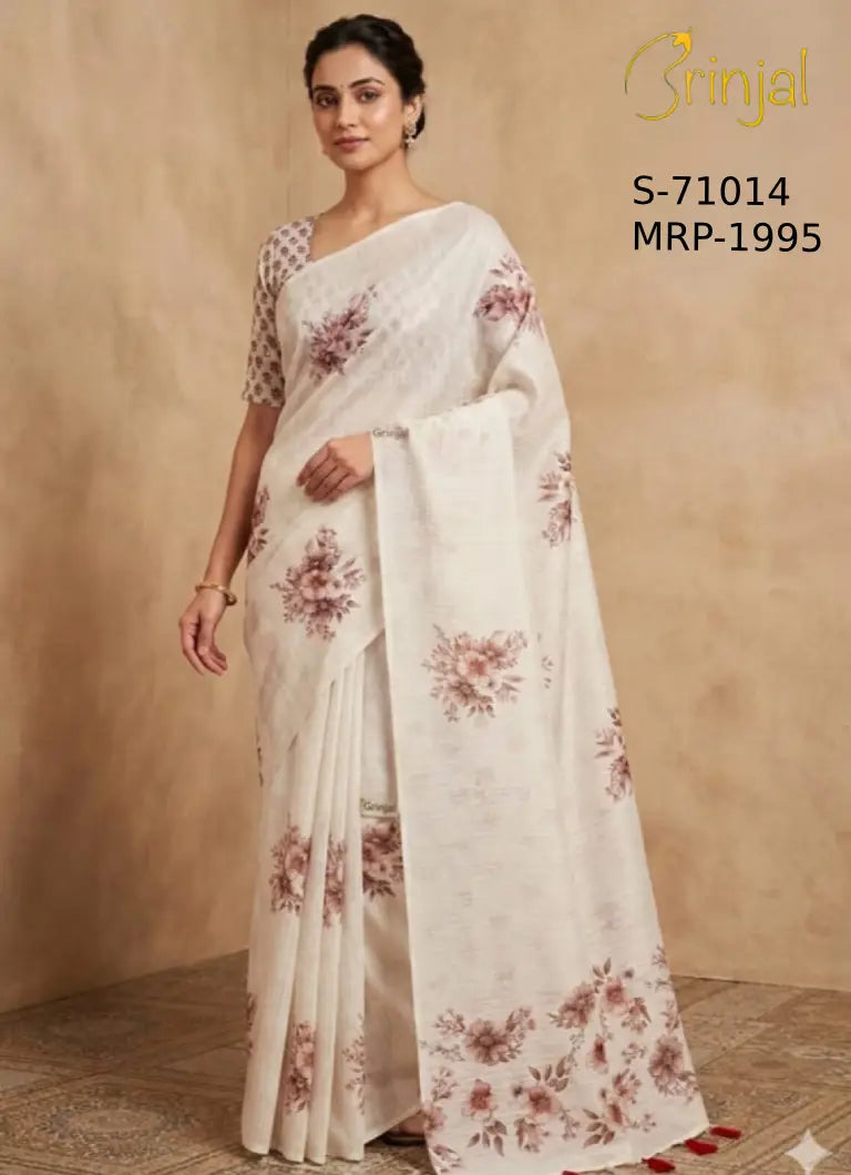 Brinjal Elegant Off-White Handwoven Floral Saree