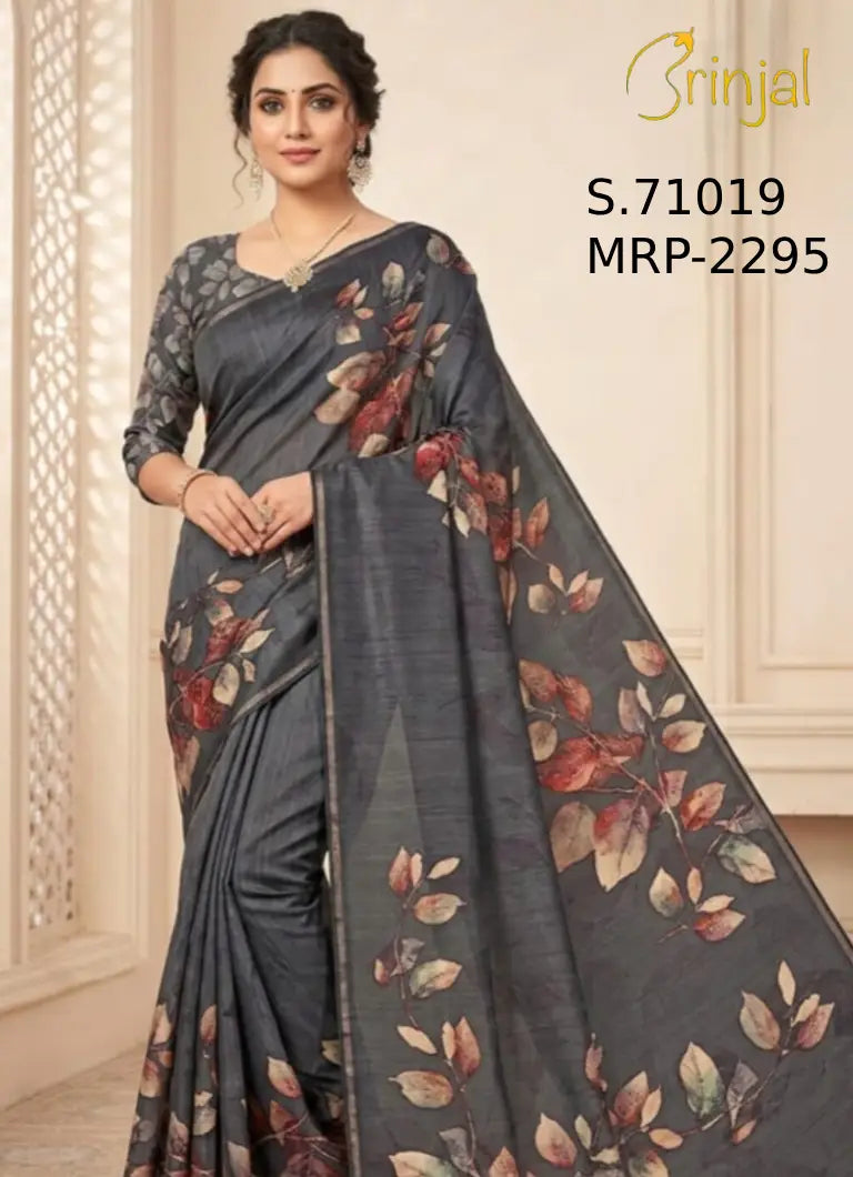 Charcoal Grey Floral Weaving Silk Saree