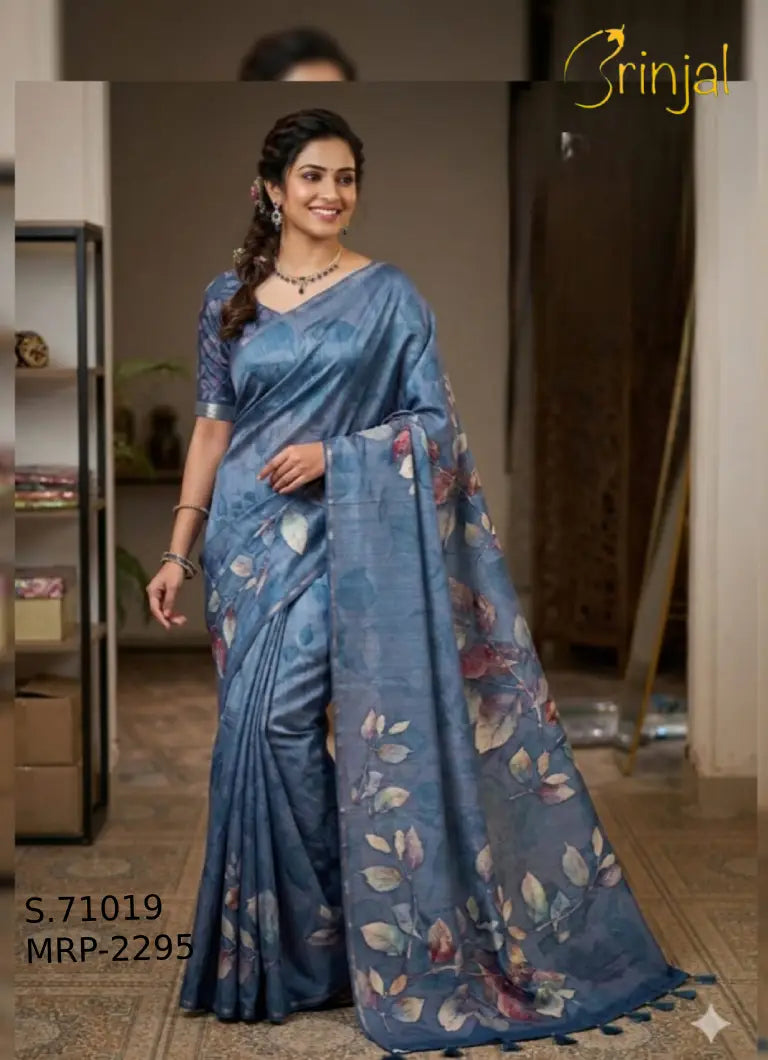 Brinjal Steel Blue Woven Floral Organza Silk Saree
