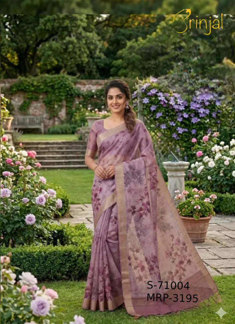Brinjal Mauve Floral Weaving Linen Saree