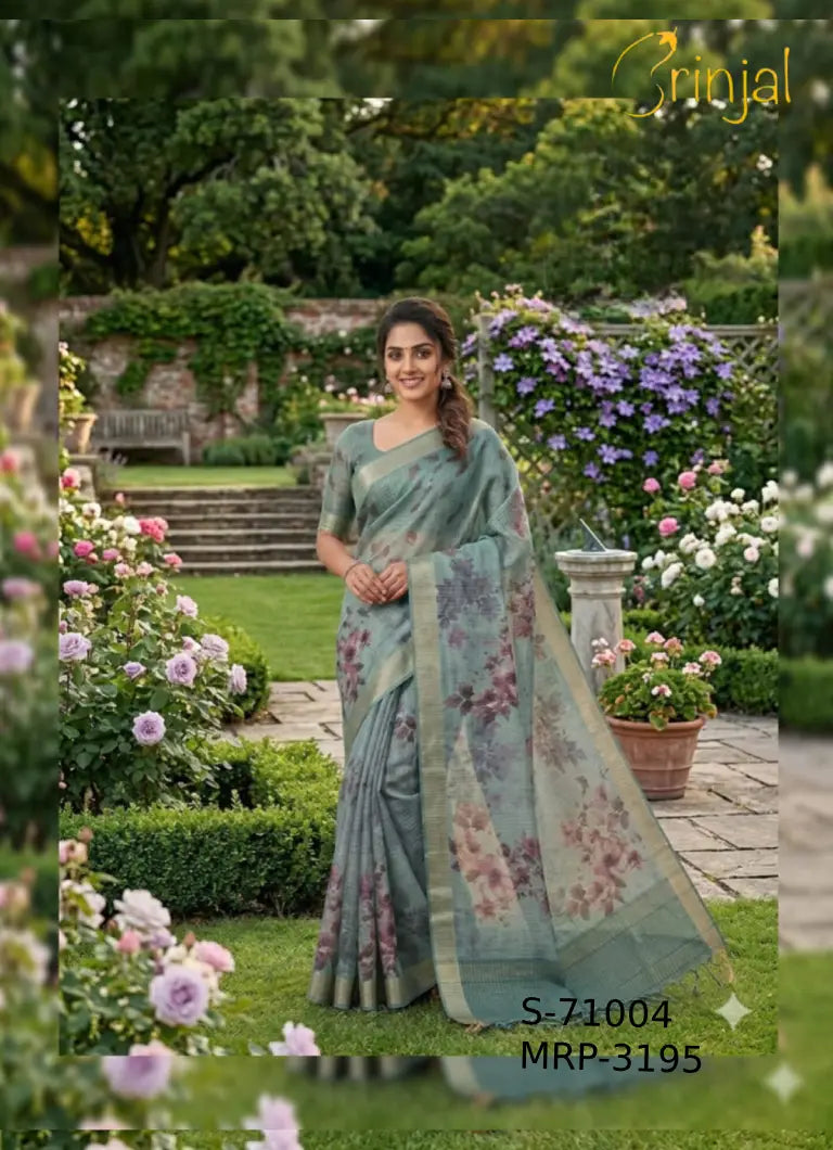 Sage Green Floral Weaving Organza Saree