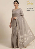 Silver-Grey Woven Linen Saree with White Floral Motifs
