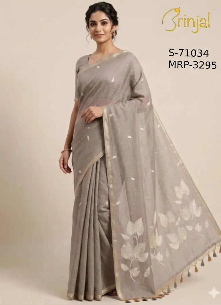 Silver-Grey Woven Linen Saree with White Floral Motifs