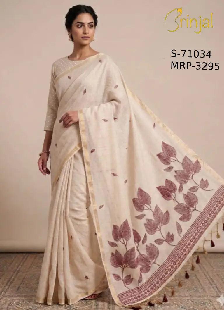 Ivory Handloom Weaving Floral Saree with Zari Border