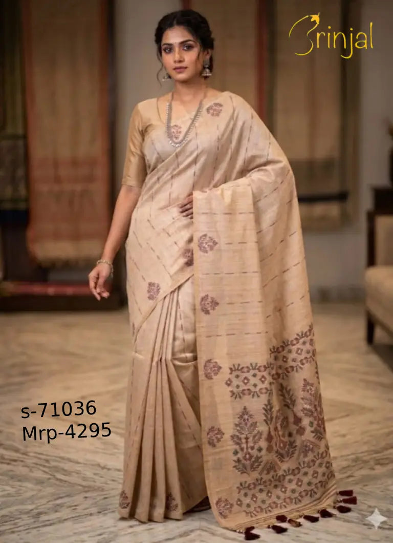 Elegant Beige Tussar Silk Saree with Floral Pallu