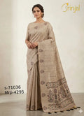 Handcrafted Tussar Silk Floral Saree – Beige Elegance