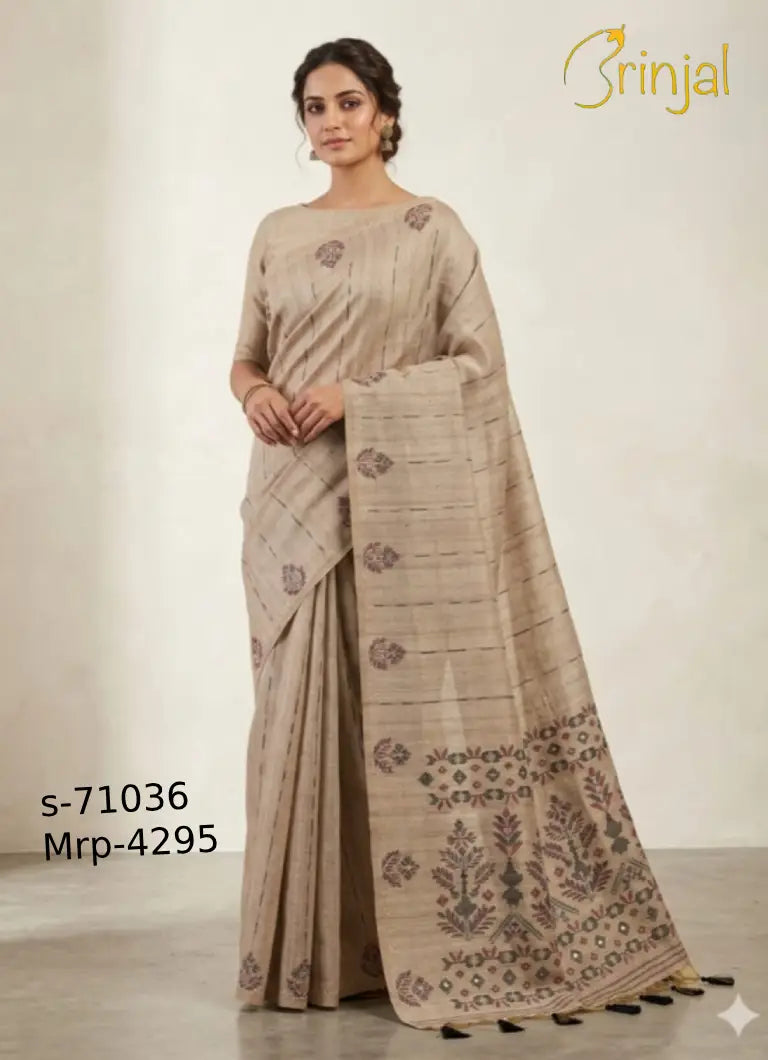 Handcrafted Tussar Silk Floral Saree – Beige Elegance