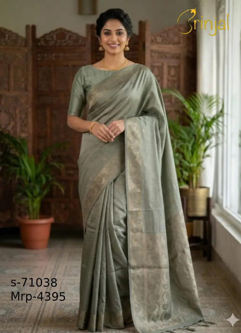 Sage Green Floral Zari Silk Saree