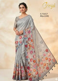 Brinjal Silver-Grey Floral Tulip Pure Linen Saree