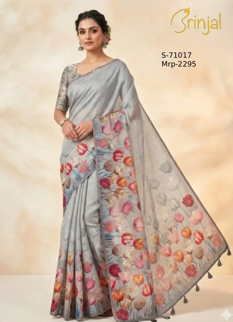 Brinjal Silver-Grey Floral Tulip Pure Linen Saree