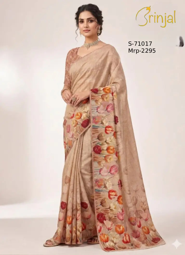 BRINJAL Elegant Tussar-Linen Floral Saree