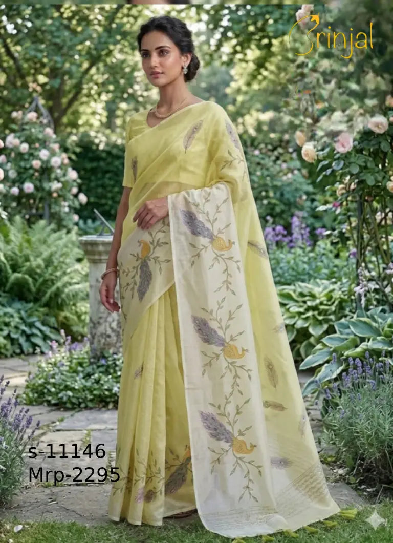 Pastel Lemon Handloom Weaving Floral Saree with Peacock Pallu
