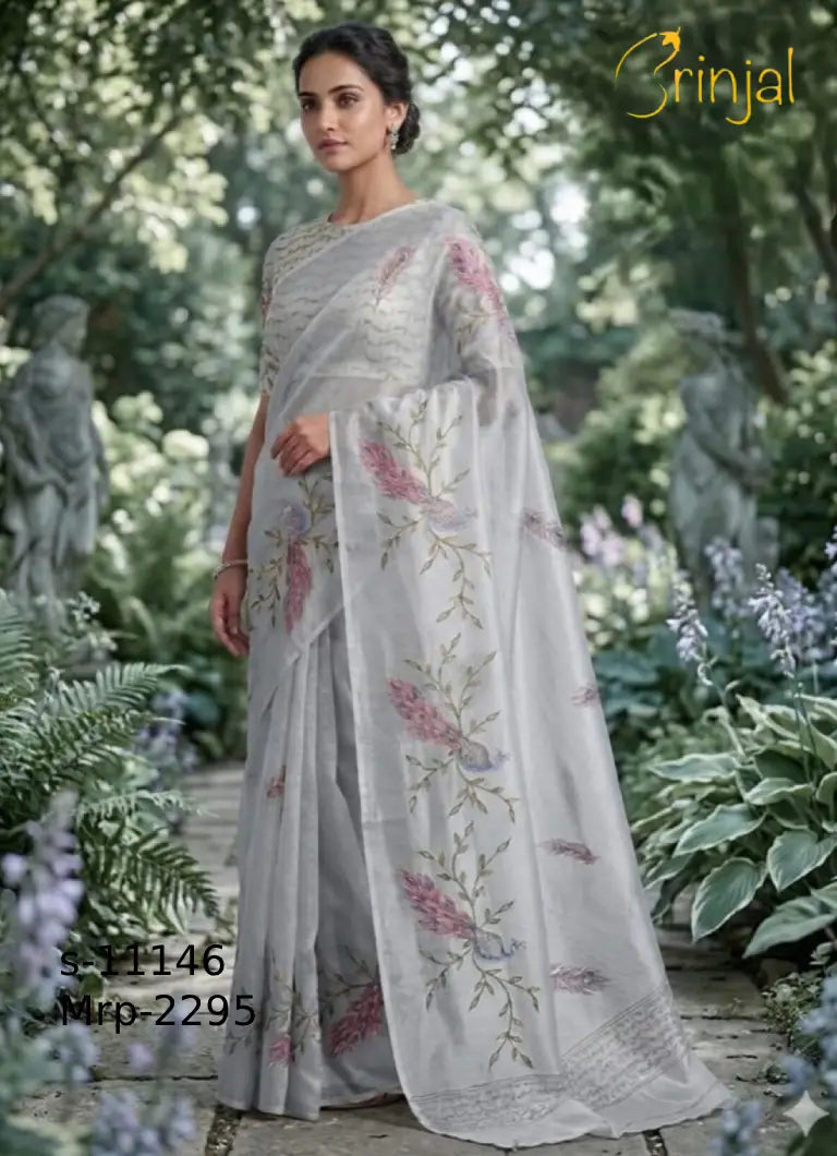 Silver Weaving Floral Organza Saree with Delicate Pink Embroidery