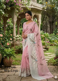 Blush Pink Floral Weaving Linen Saree with Peacock Motif Pallu