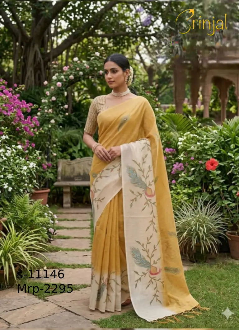 Mustard Yellow Weaving Floral Cotton Silk Saree