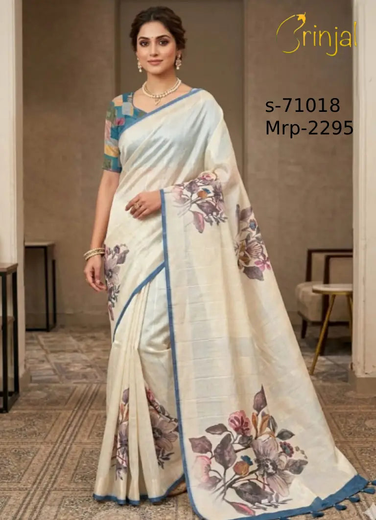 Elegant Cream Zari-Weave Saree with Artistic Floral Digital Print