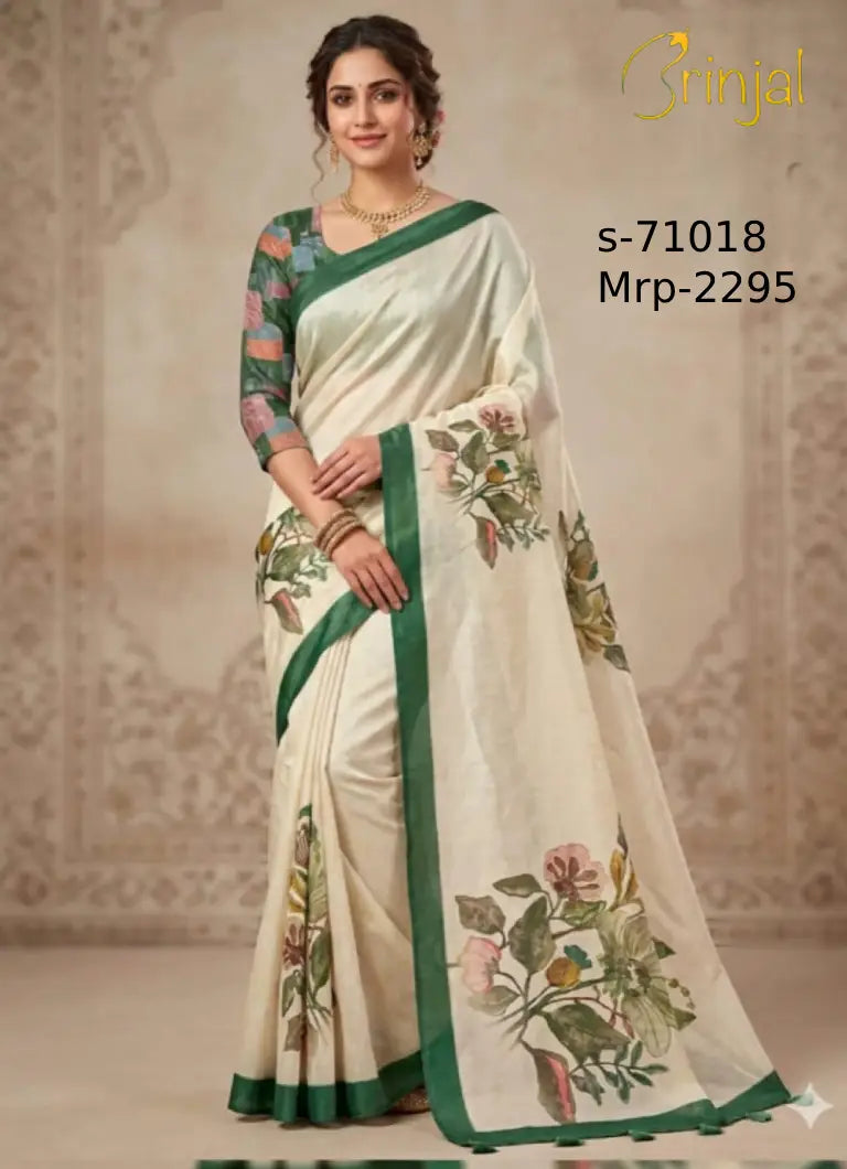 Elegant Off-White Floral Weaving Saree with Emerald Green Border