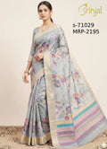 Grey Hand-Woven Floral Linen Saree with Zari Border