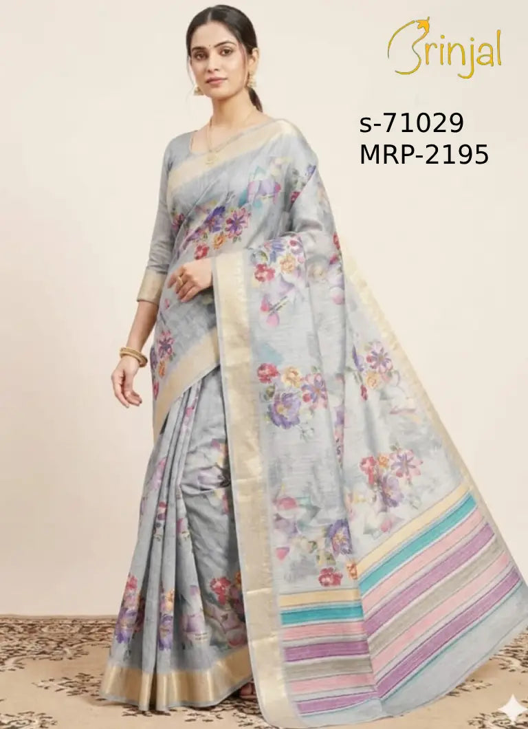 Grey Hand-Woven Floral Linen Saree with Zari Border