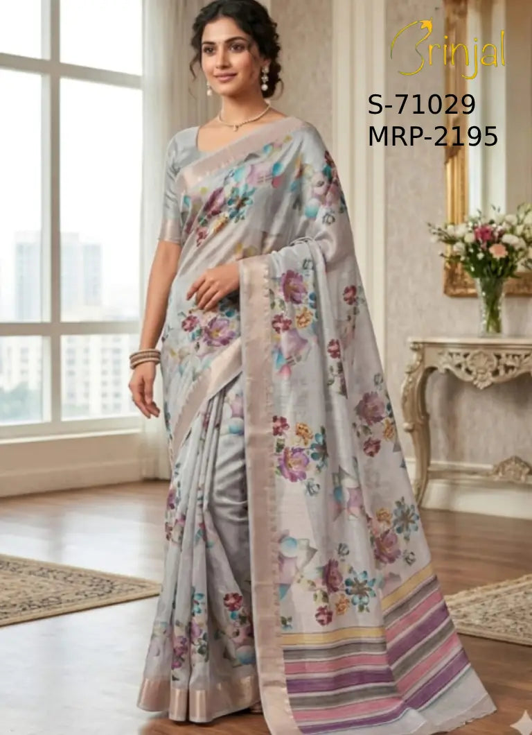 Silver-Grey Floral Digital Print Woven Saree