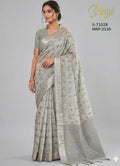 Sage Green Floral Weaving Saree with Silver Zari Border