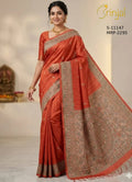 Rust Floral Weaving Silk Saree