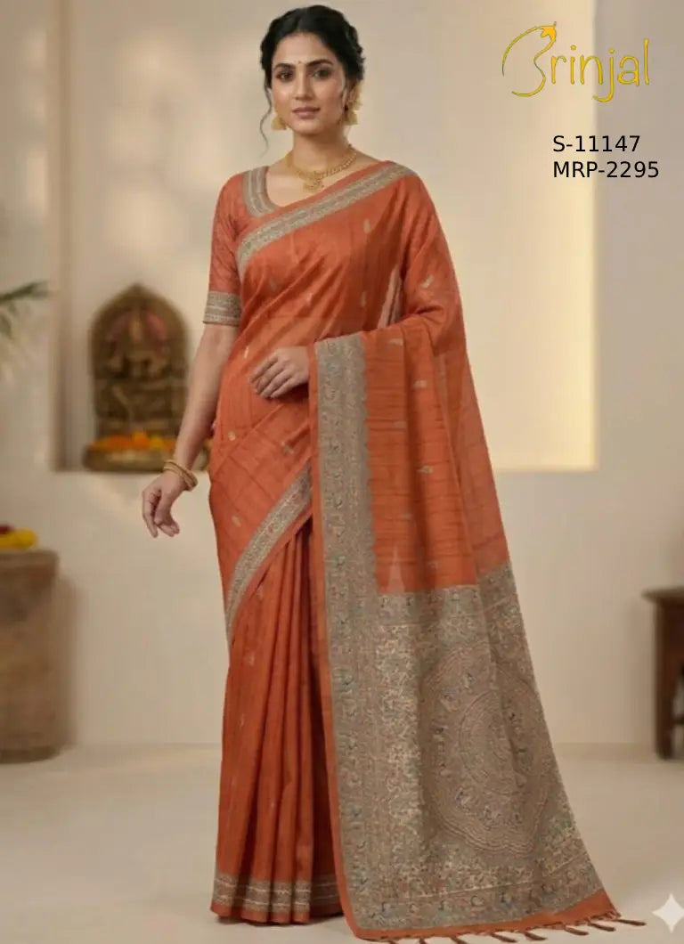 Rust Orange Zari Weaving Floral Saree