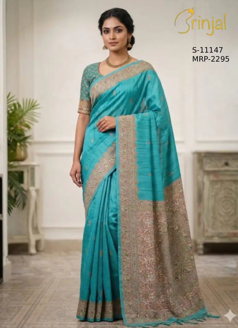 Turquoise Woven Floral Silk Saree