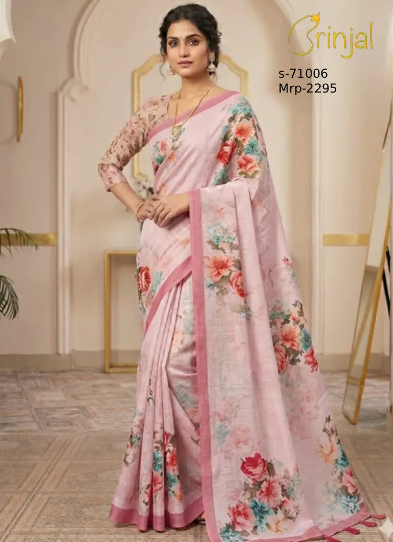Pastel Pink Floral Weaving Linen Saree