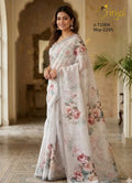 Elegant Floral Weaving Organza Saree in Pastel White